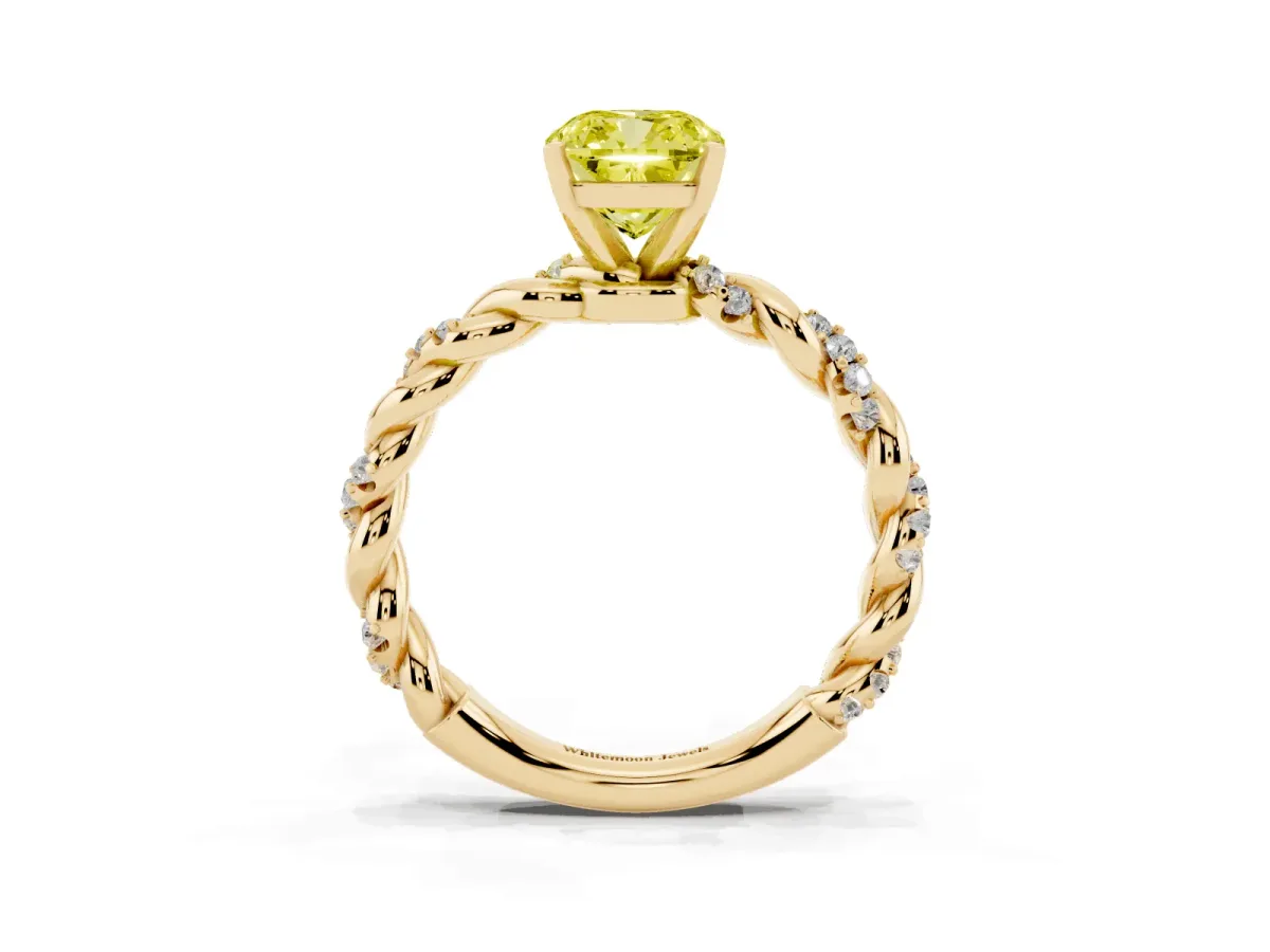 Fancy Yellow Cushion Cut Diamond Solitaire Ring with Twisted Band and Pavé Accents Yellow gold