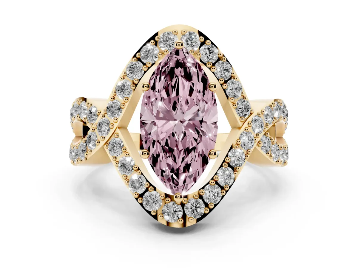 Fancy Pink Marquise Cut Solitaire Twist Band Pavé Diamond Engagement Ring Yellow gold