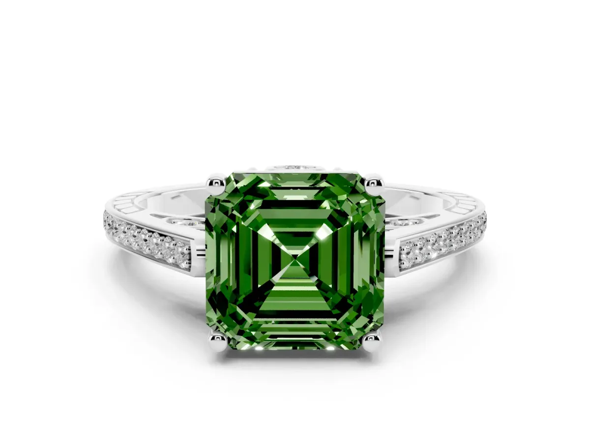 Fancy Green Asscher Cut Cut Cathedral Pave Diamond Engagement Ring with Six-Prong Setting Silver