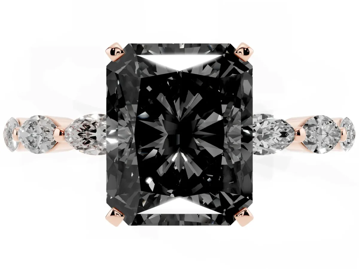 Fancy Black Radiant Cut Diamond Ring with Marquise Side Stones and Prong Setting Rose gold