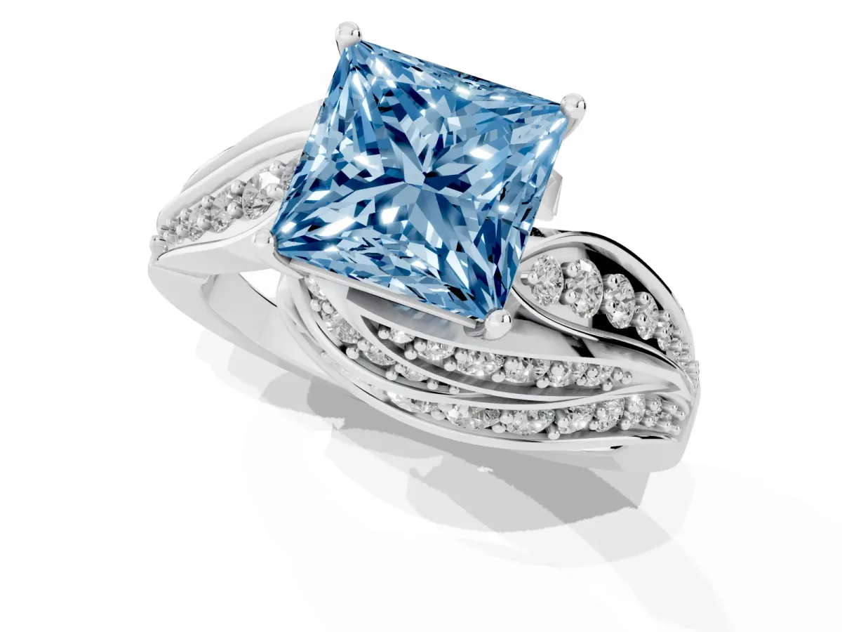 Fancy Blue Princess Cut Diamond Solitaire Ring with Prong Setting and Twisted Pavé Band Silver