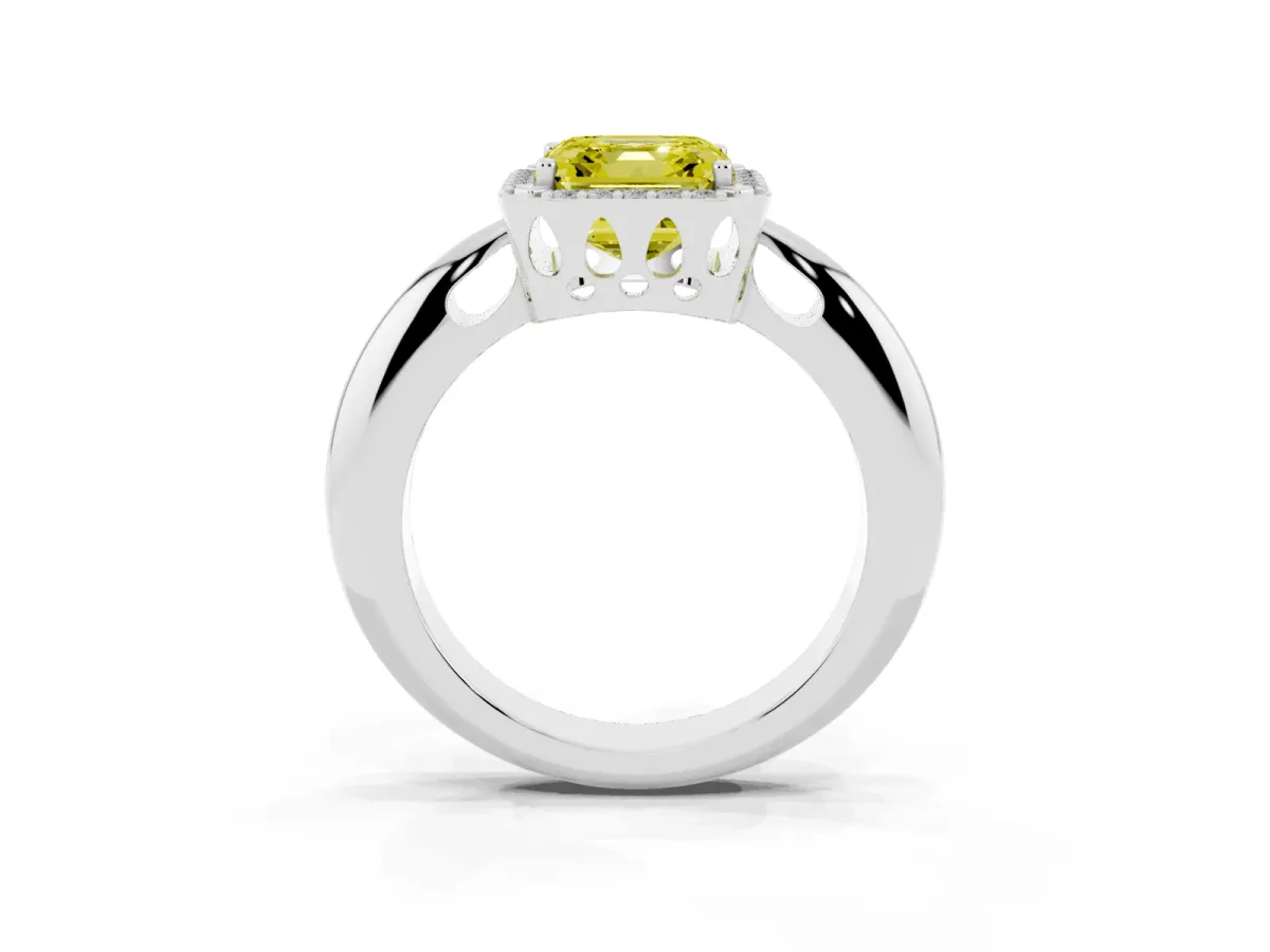 Fancy Yellow Asscher Cut Cut Diamond Halo Engagement Ring with Split Shank and Four-Prong Setting Silver