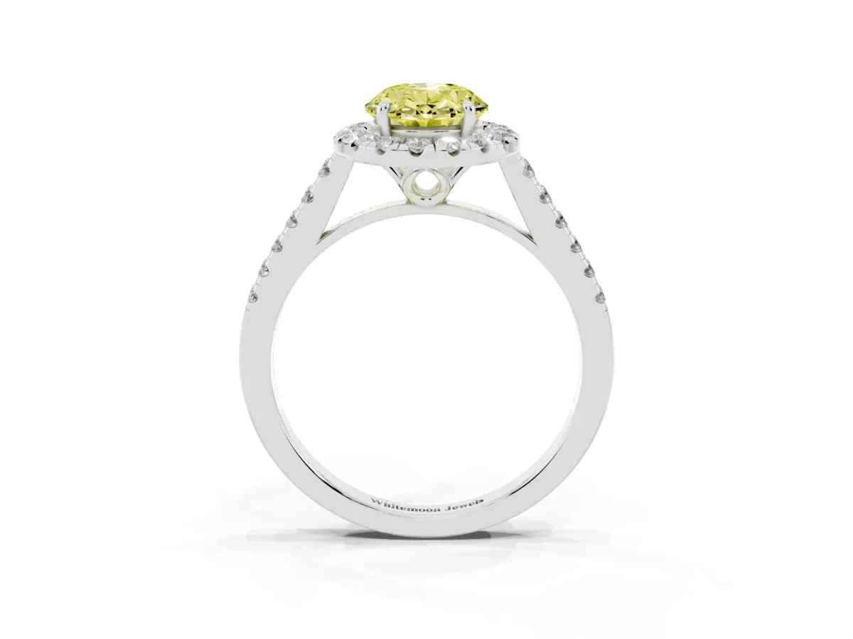 Fancy Yellow Oval Cut Halo Pavé Diamond Engagement Ring with Four-Prong Setting Silver