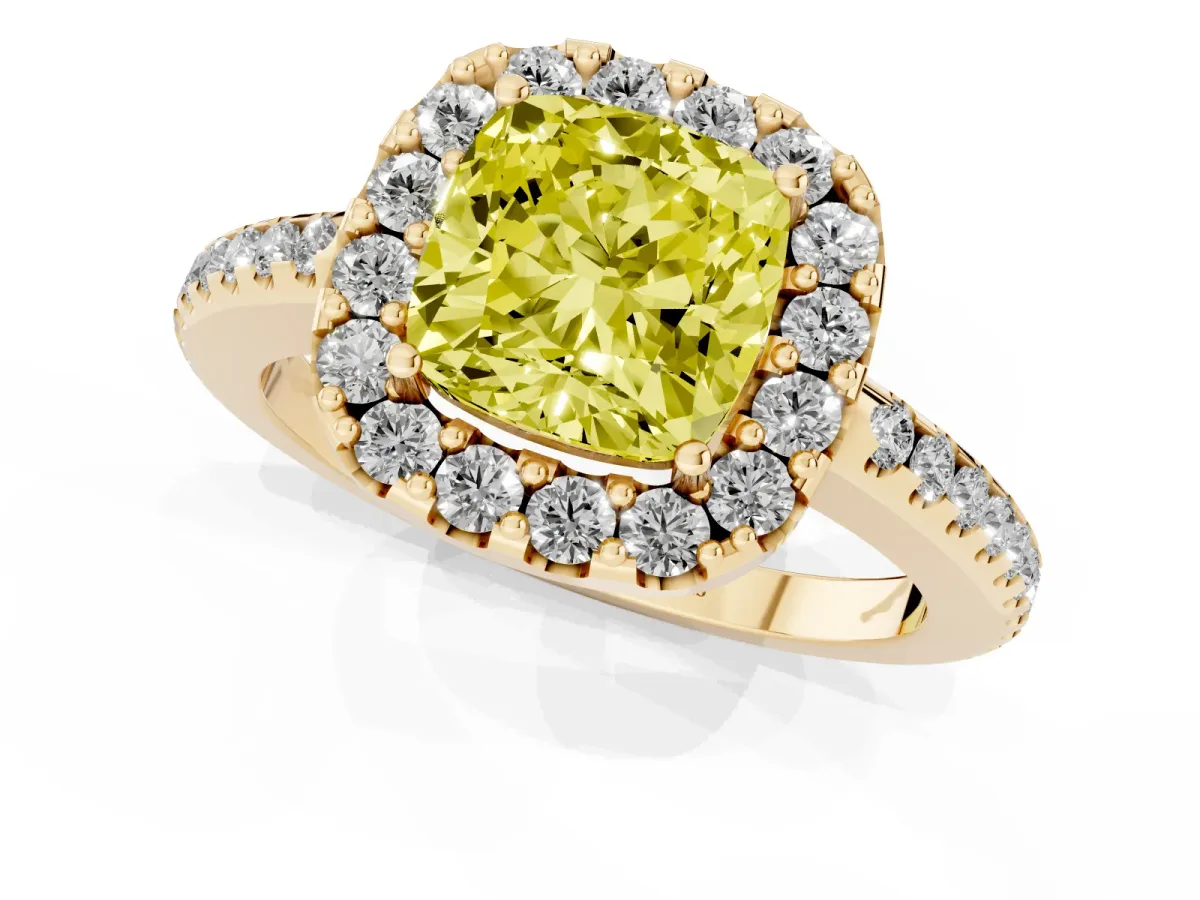 Fancy Yellow Cushion Cut Diamond Pavé Halo Ring with Four-Prong Setting Yellow gold