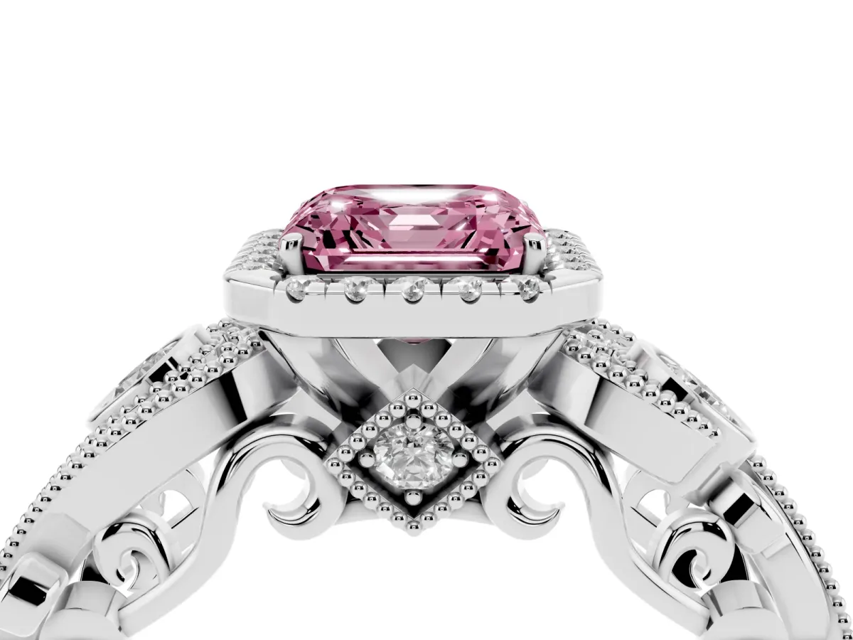 Fancy Pink Asscher Cut Halo Diamond Ring with Milgrain and Bezel Accents on a Split Shank Band Platinum
