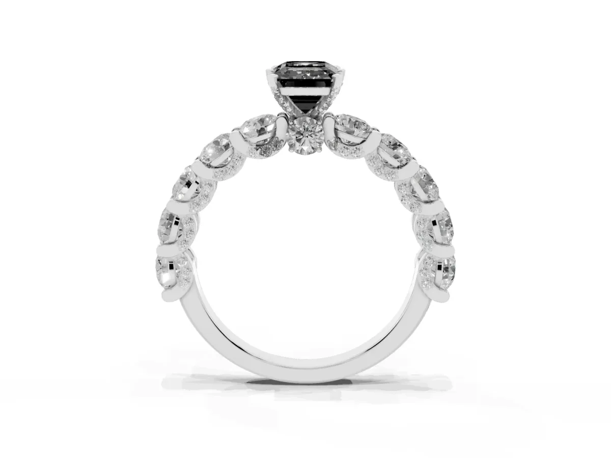Fancy Black Emerald Cut Diamond Side Stone Engagement Ring with Four-Prong Setting Platinum