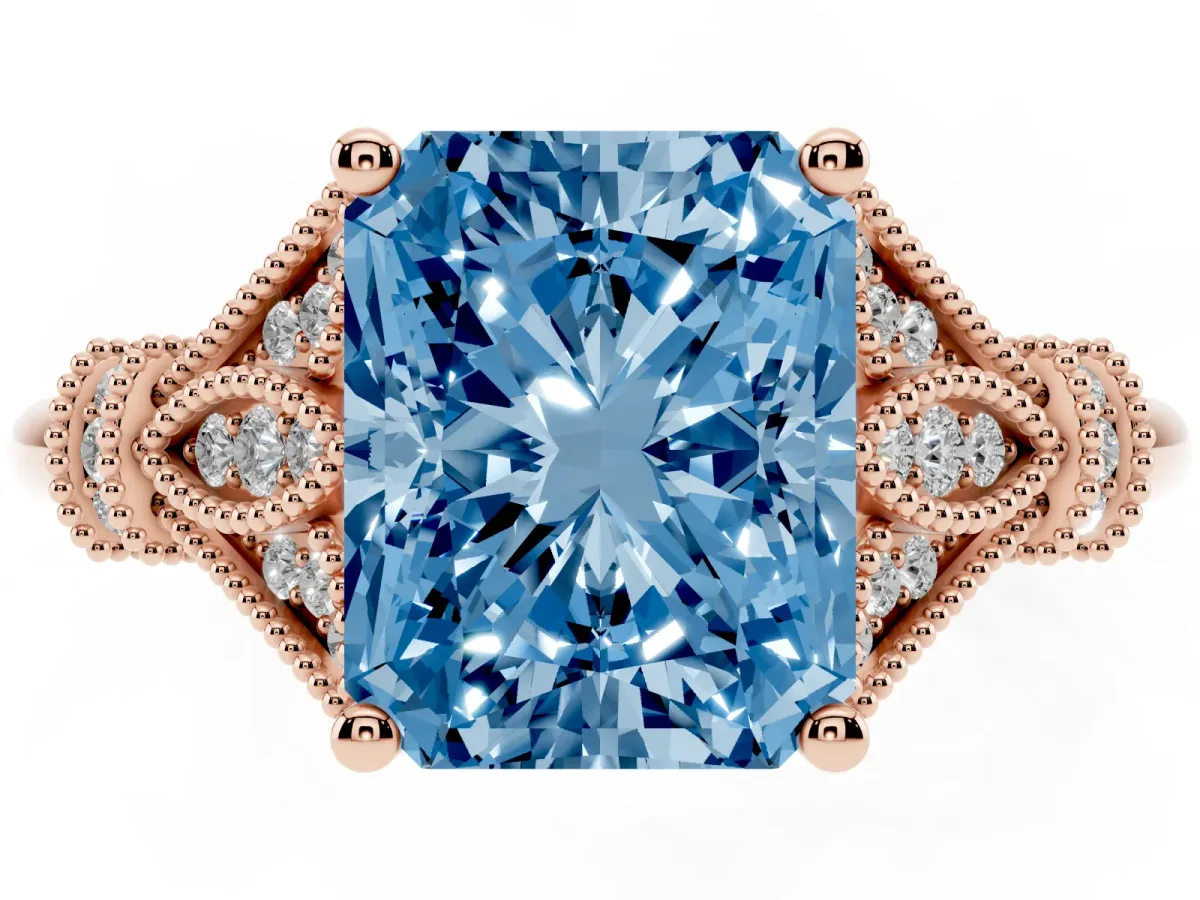 Fancy Blue Radiant Cut Diamond Solitaire Ring with Floral Filigree and Pave Accents Rose gold