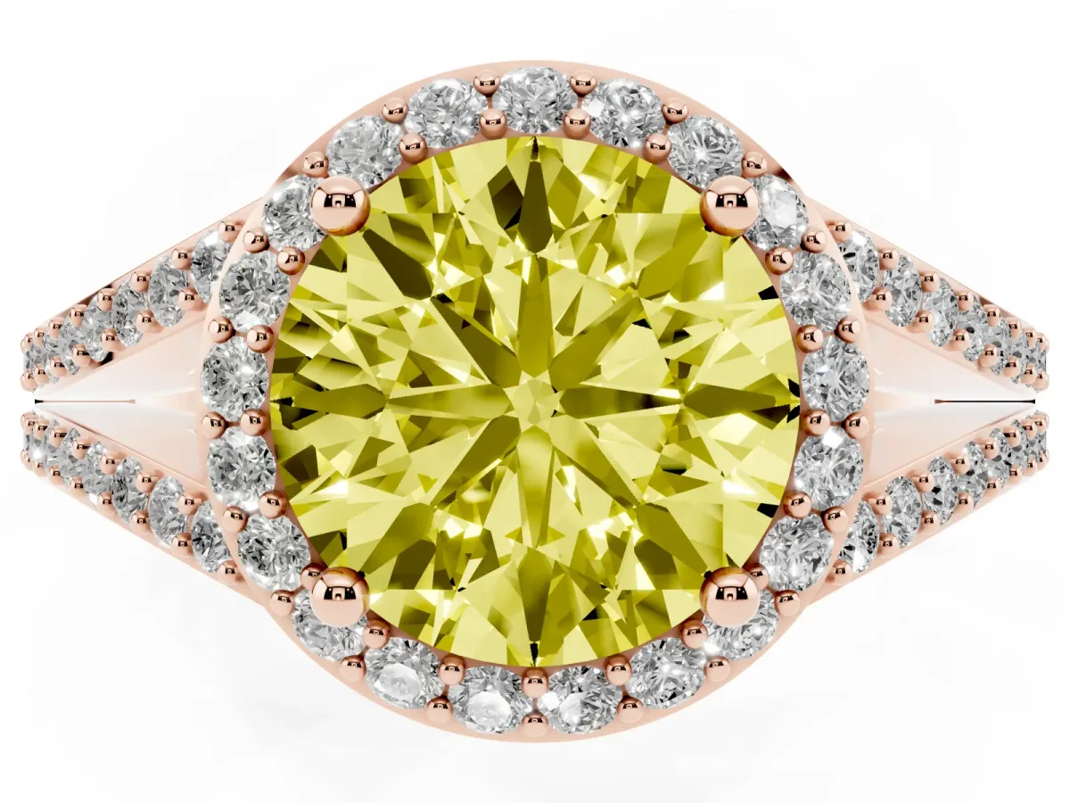 Fancy Yellow Round Cut Halo Split Shank Diamond Ring with Prong Setting Rose gold