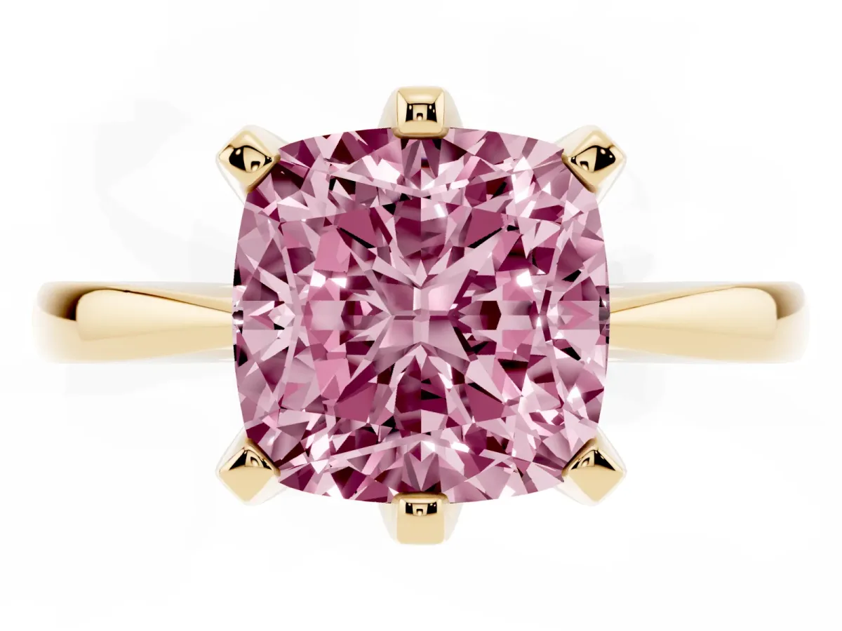 Fancy Pink Cushion Cut Solitaire Engagement Ring with Six-Prong Setting and Tapered Band Yellow gold