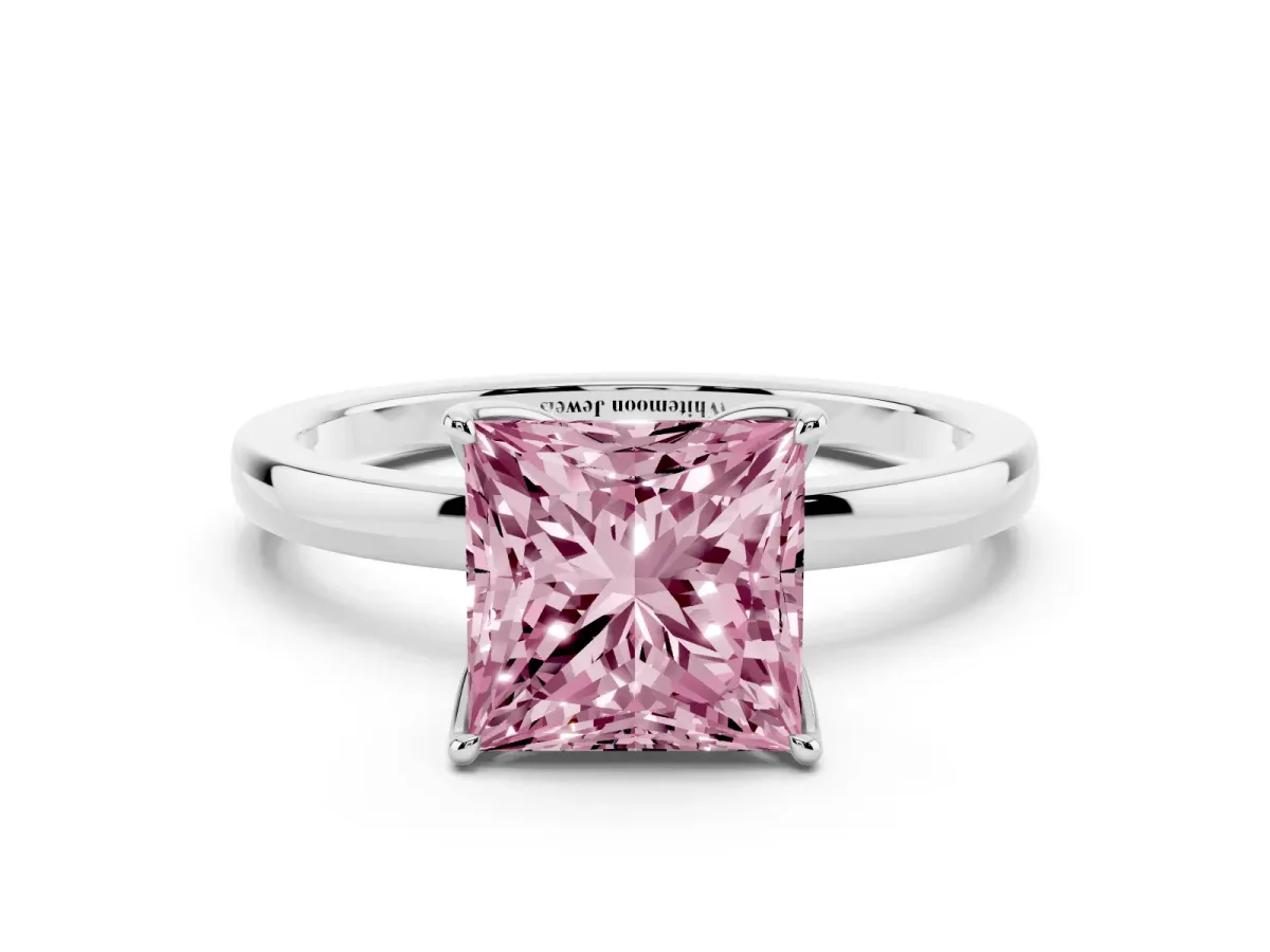Fancy Pink Princess Cut Diamond Solitaire Ring with Thin Band and Prong Setting Silver