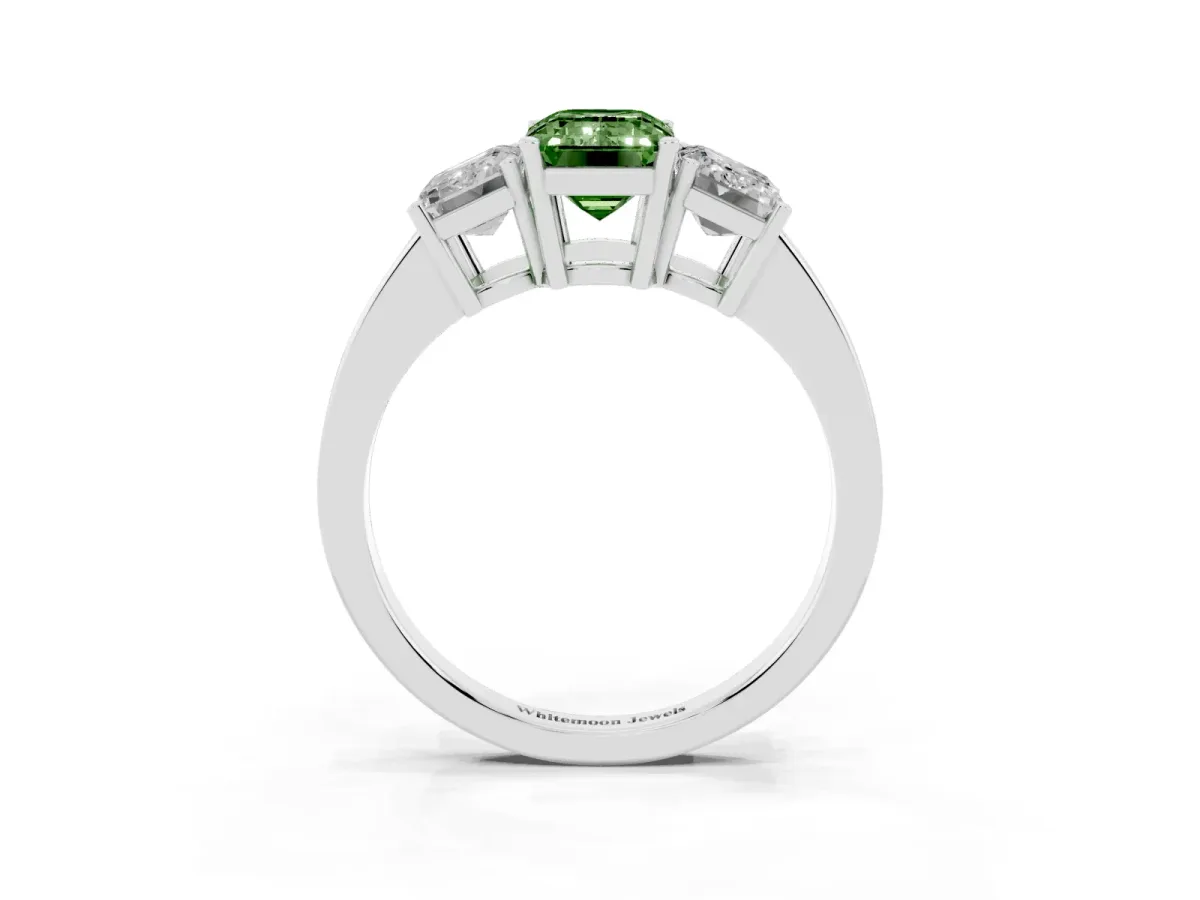 Fancy Green Three-Stone Emerald Cut Cut Diamond Engagement Ring with Flat Band and Four-Prong Setting Silver