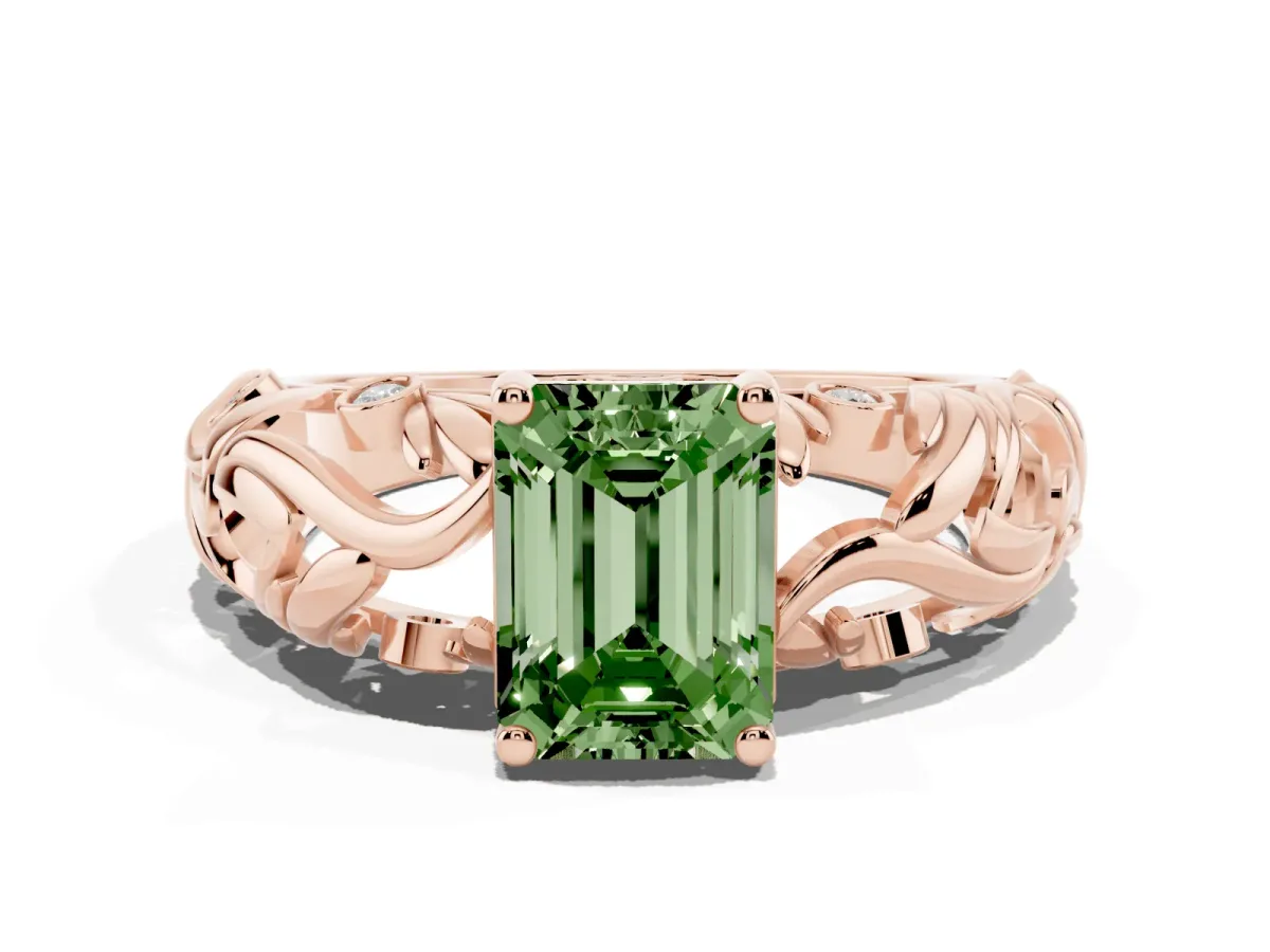 Fancy Green Emerald Cut Solitaire Diamond Leaf-Inspired Vine Band Ring with Prong Setting Rose gold