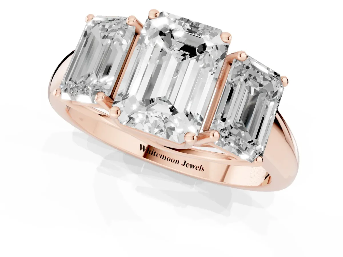 Three-Stone Emerald Cut Diamond Engagement Ring with Prong Setting Rose gold