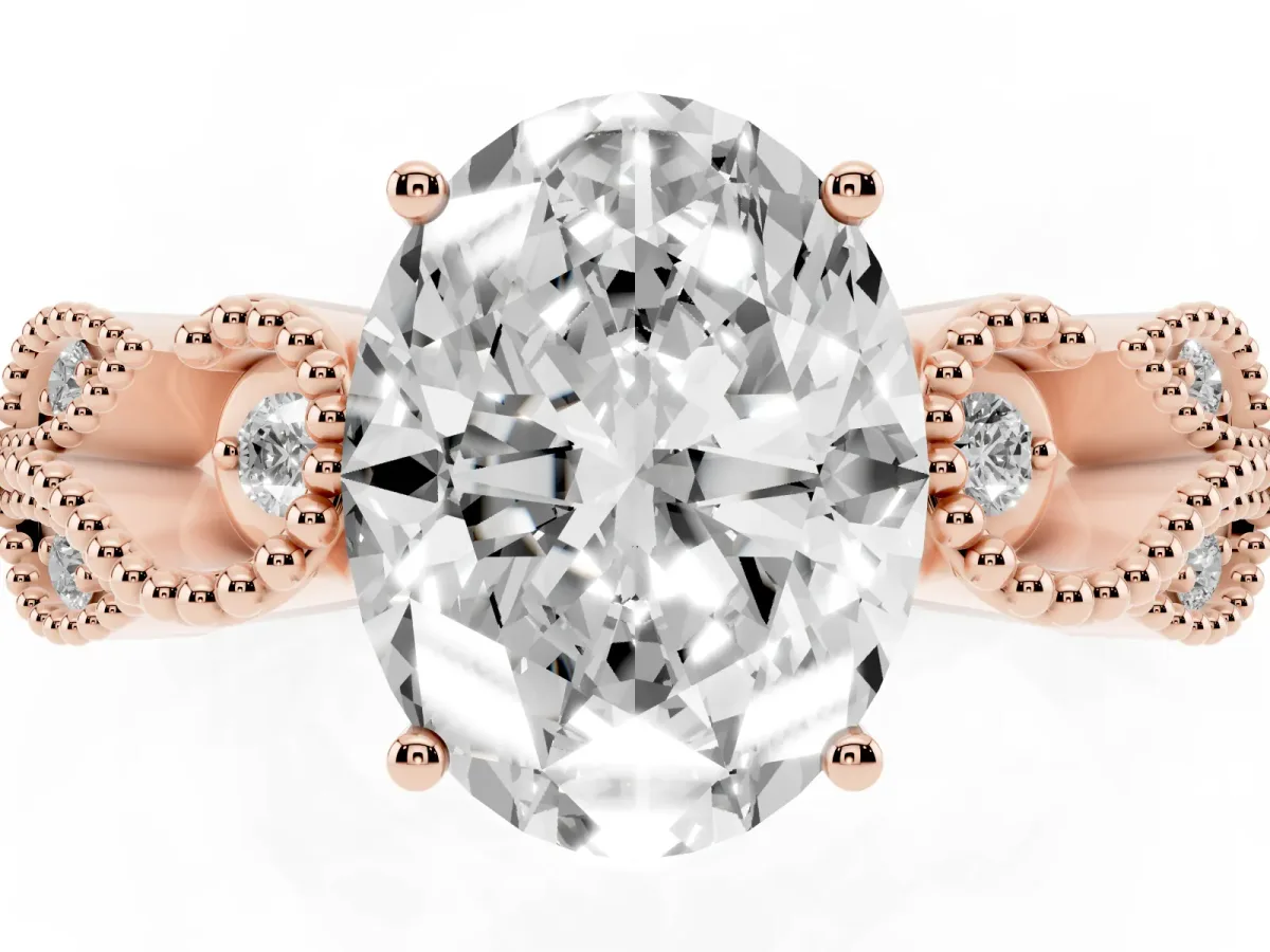 Oval Cut Solitaire Milgrain Leaf Band with Prong Setting Rose gold