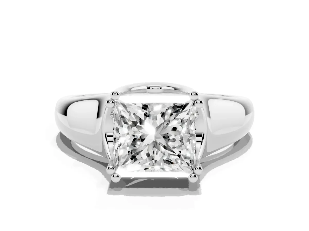 Princess Cut Diamond Solitaire Ring with Wide Band and Prong Setting Platinum