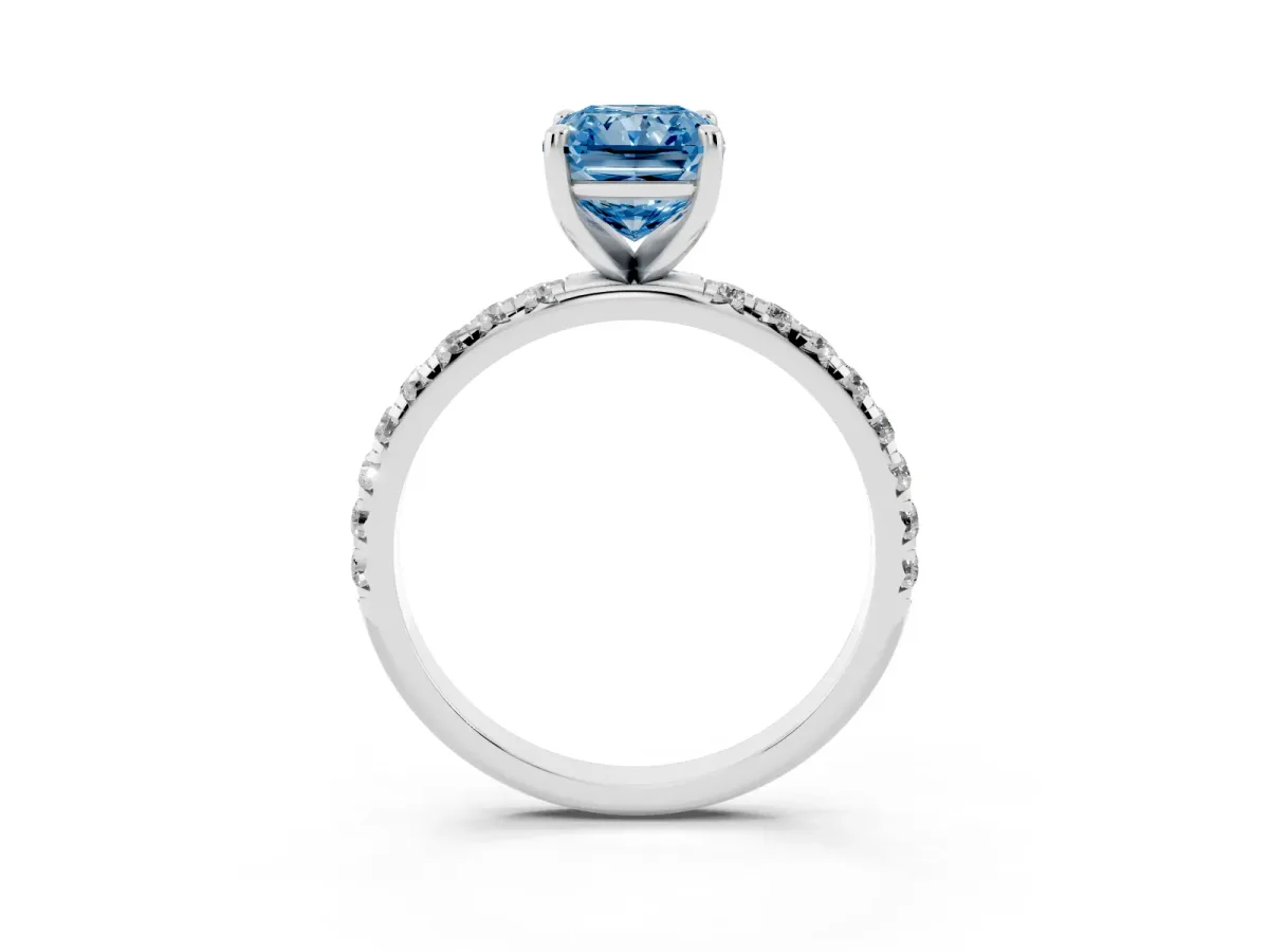 Fancy Blue Radiant Cut Cut Diamond Solitaire Ring with Micro Pave Band and Four Prong Setting Silver
