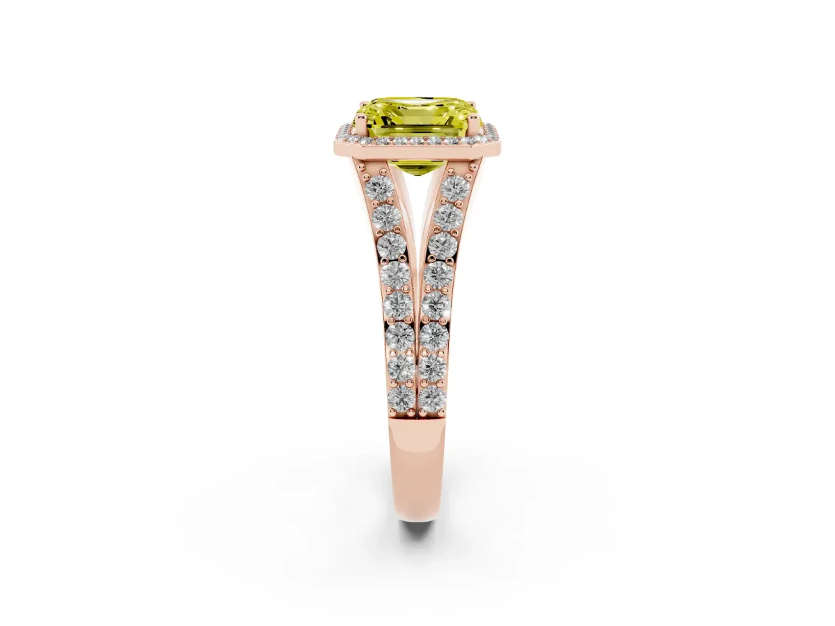 Fancy Yellow Asscher Cut Diamond Split Shank Halo Ring with Four-Prong Setting Rose gold
