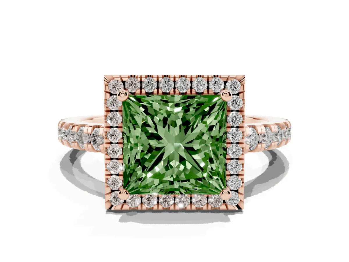 Fancy Green Princess Cut Diamond Halo Ring with Pavé Band and Four-Prong Setting Rose gold
