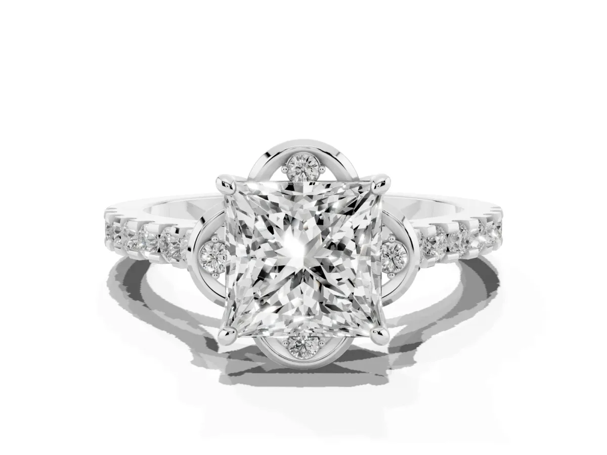 Princess Cut Diamond Ring with Pavé Band and Floral Prong Setting Silver