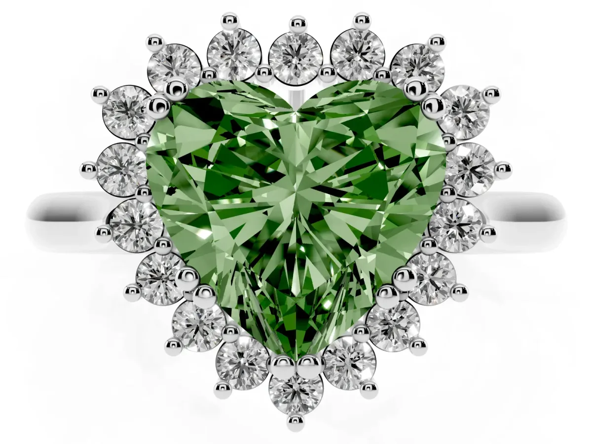 Fancy Green Heart Cut Cut Diamond Halo Ring with Solitaire Band and Prong Setting Platinum