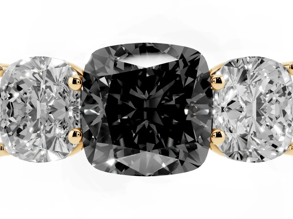 Fancy Black Cushion Cut Three-Stone Diamond Ring with Prong Setting on a Classic Band Yellow gold