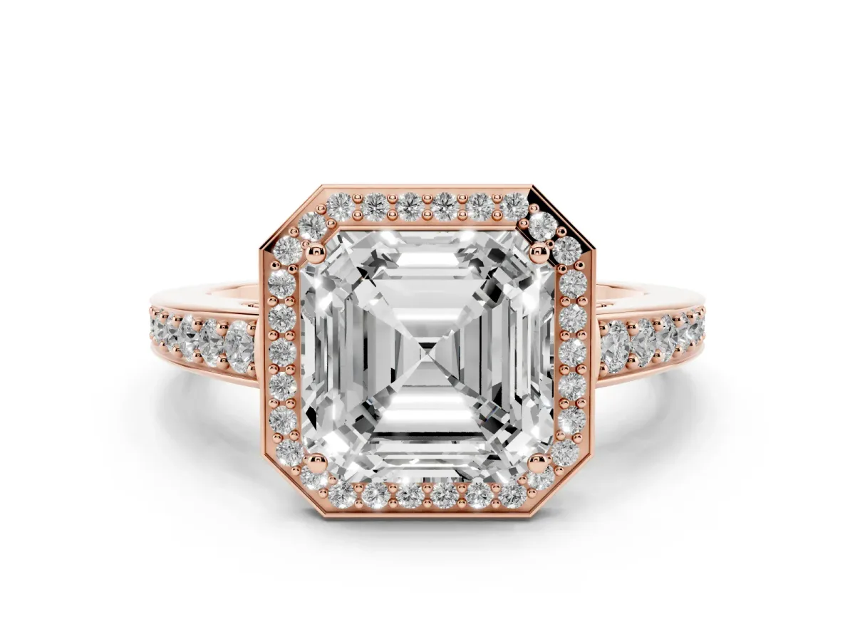 Asscher Cut Halo Pavé Diamond Engagement Ring with Bezel Setting Rose gold