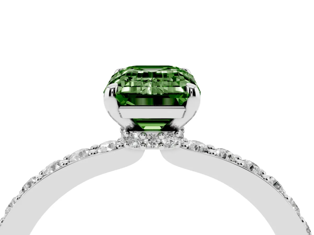 Fancy Green Emerald Cut Diamond Solitaire Engagement Ring with Pavé Band and Four-Prong Setting Platinum
