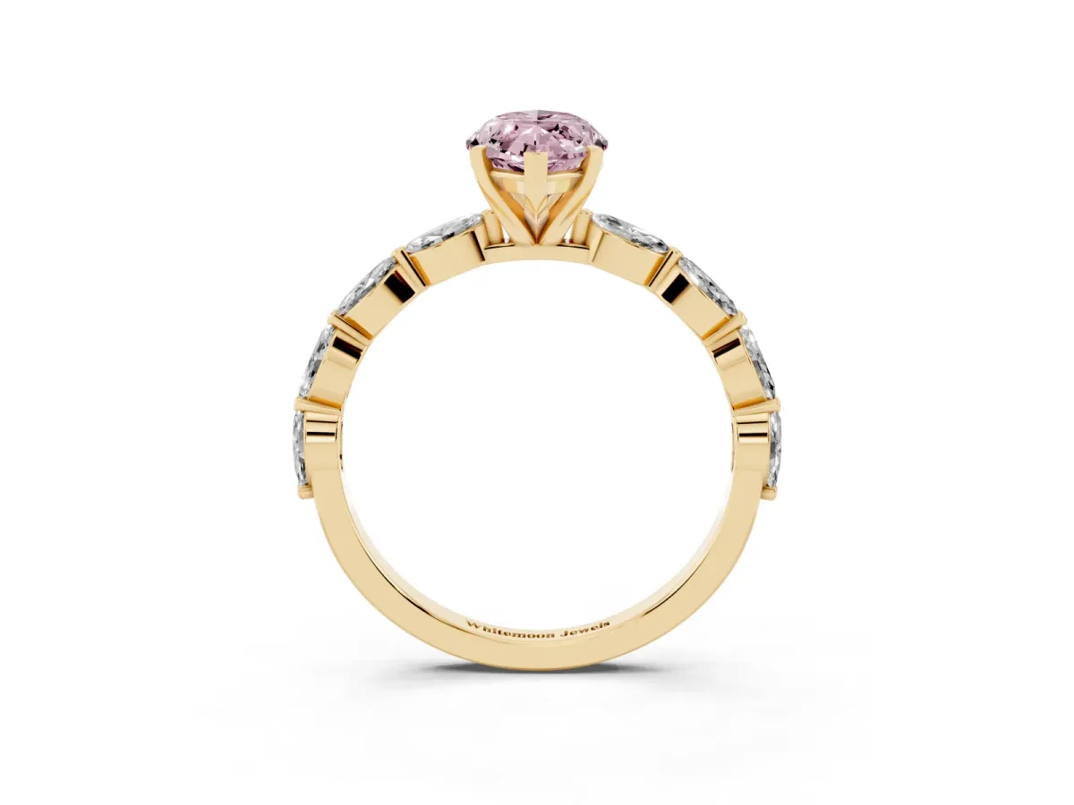 Fancy Pink Marquise Cut Diamond Ring with Marquise Side Stones and Prong Setting Yellow gold