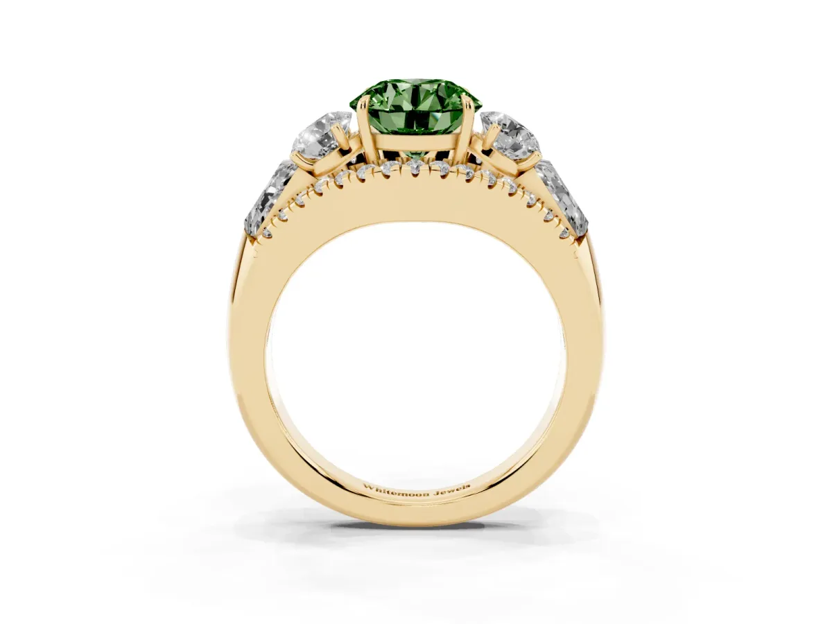 Fancy Green Three-Stone Round Cut Diamond Engagement Ring with Pave Band and Prong Setting Yellow gold