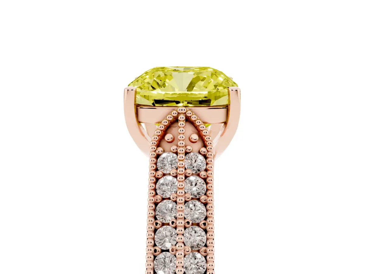 Fancy Yellow Cushion Cut Cut Pave Split Shank Engagement Ring with Four-Prong Setting Rose gold
