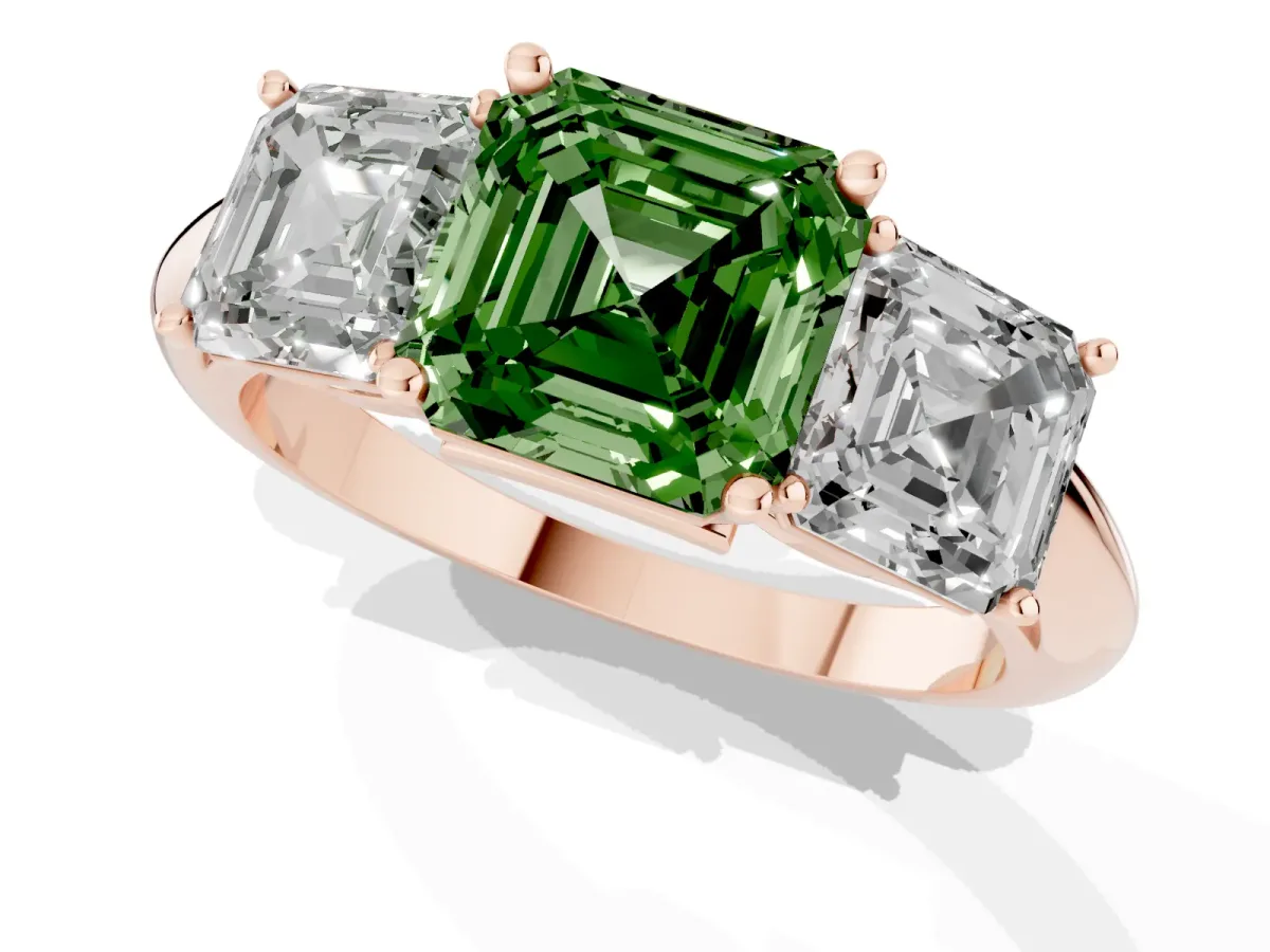 Fancy Green Three-Stone Asscher Cut Cut Diamond Engagement Ring with Prong Setting on a White Gold Band Rose gold