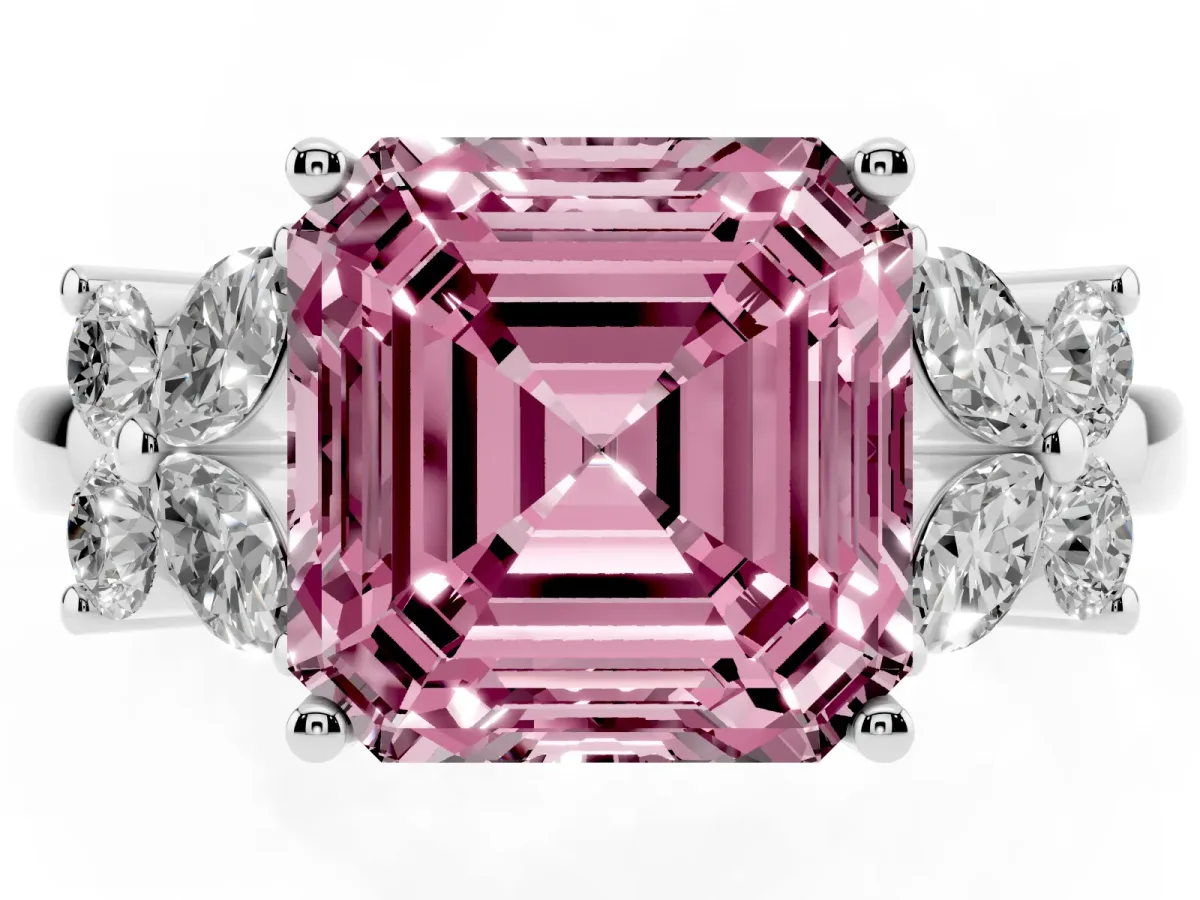 Fancy Pink Asscher Cut Diamond Floral Cluster Ring with Solitaire Band and Prong Setting Silver