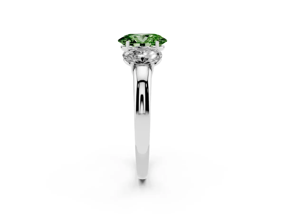 Fancy Green Oval Cut Diamond Three-Stone Ring with Four-Prong Setting and Classic Band Platinum