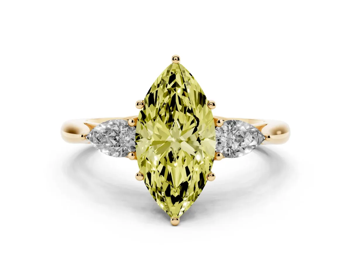 Fancy Yellow Marquise Cut Diamond Three-Stone Ring with Pear Side Stones and Prong Setting Yellow gold