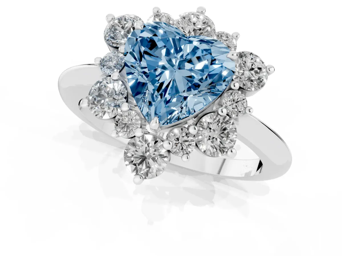 Fancy Blue Heart Cut Diamond Cluster Halo Ring with Solitaire Band and Four-Prong Setting White gold