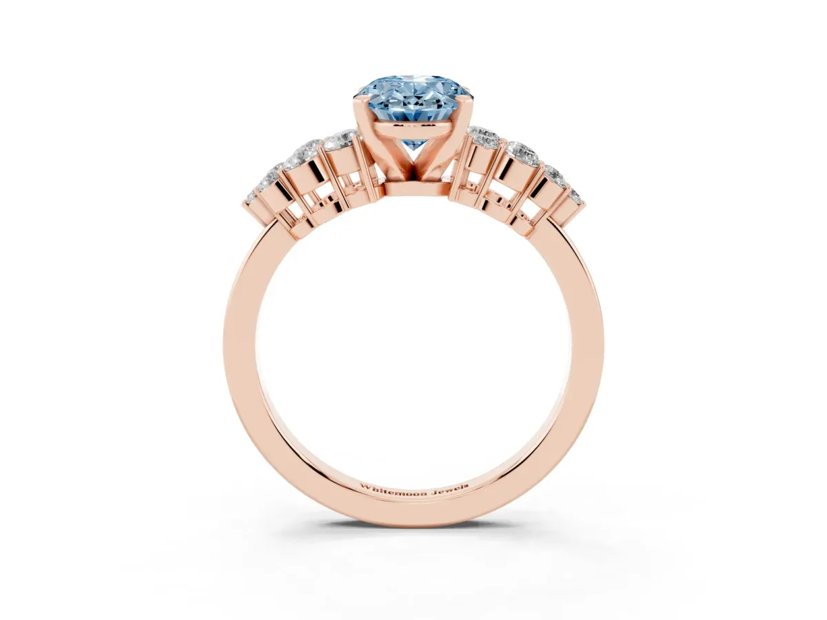 Fancy Blue Oval Cut Cluster Diamond Engagement Ring with Pavé Band and Four-Prong Setting Rose gold