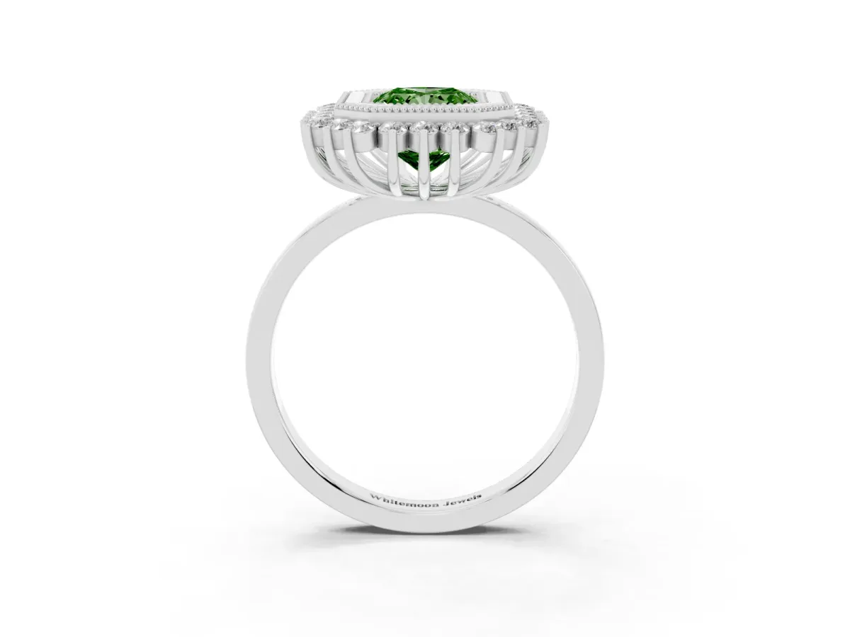 Fancy Green Radiant Cut Halo Diamond Ring with Milgrain Edge and Round Prong Setting Silver