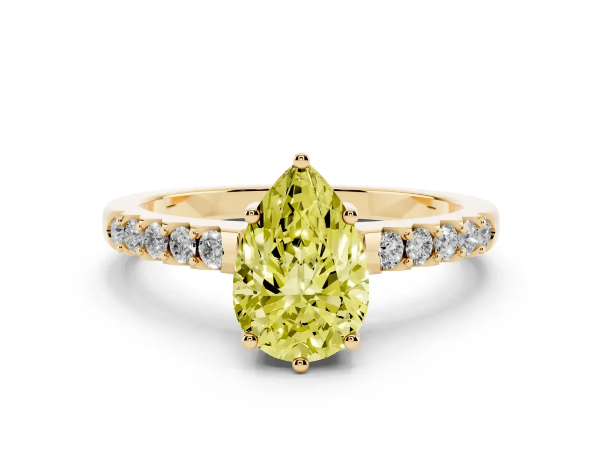 Fancy Yellow Pear Cut Solitaire Diamond Engagement Ring with Pavé Band and Six-Prong Setting Yellow gold