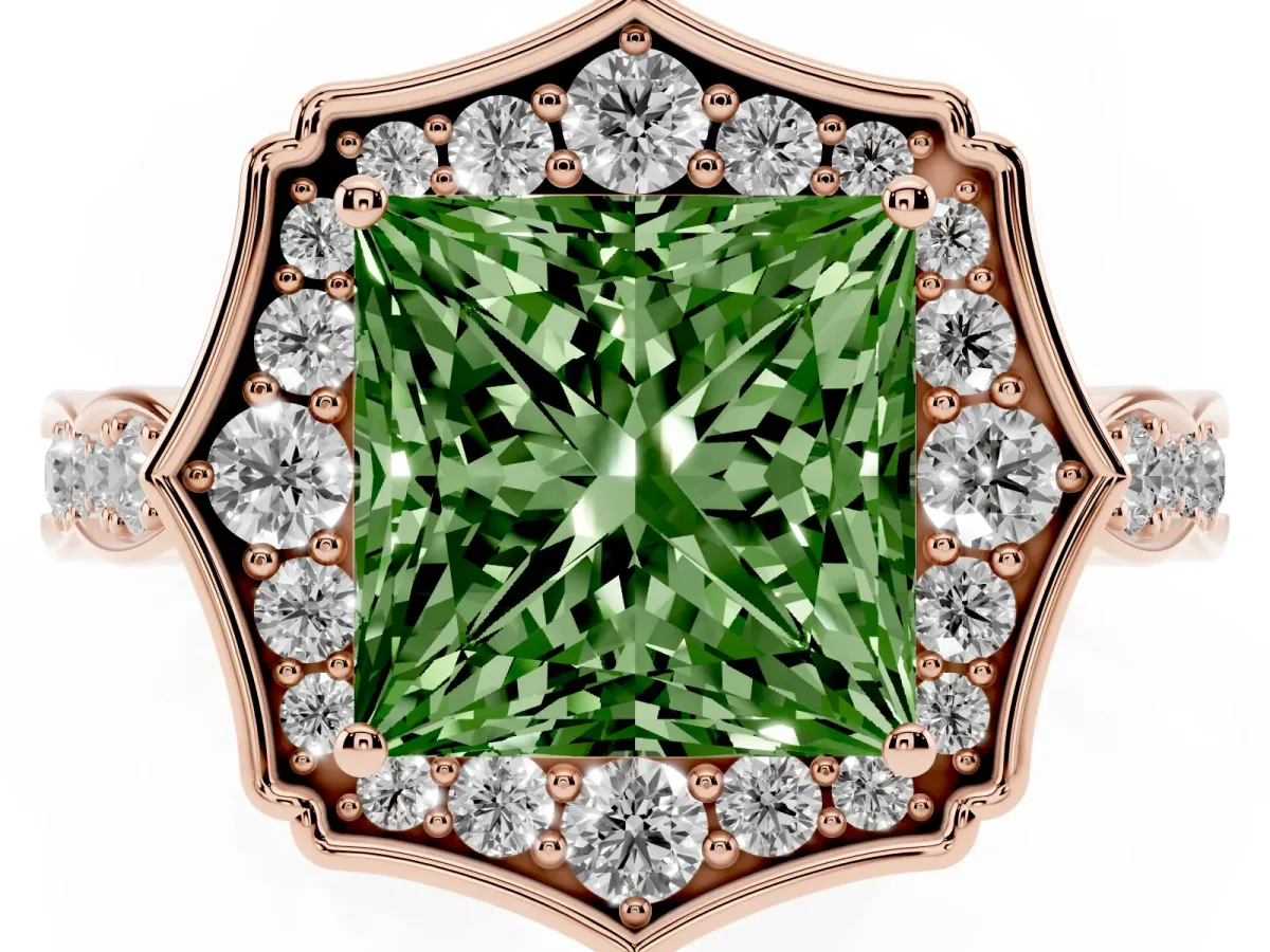 Fancy Green Princess Cut Halo Diamond Engagement Ring with Milgrain Band and Four-Prong Setting Rose gold