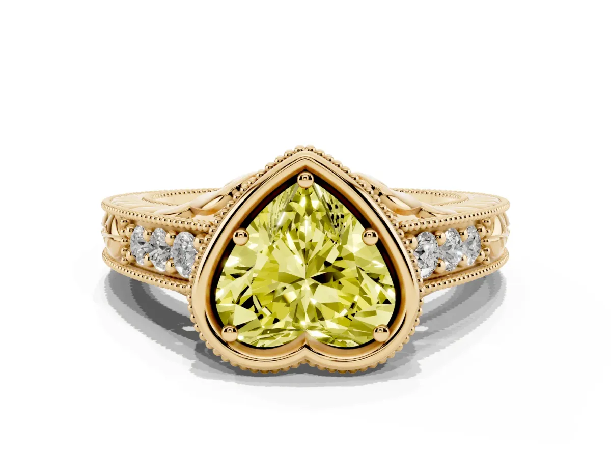 Fancy Yellow Bezel Set Heart Cut Diamond Milgrain Pave Engagement Ring Yellow gold