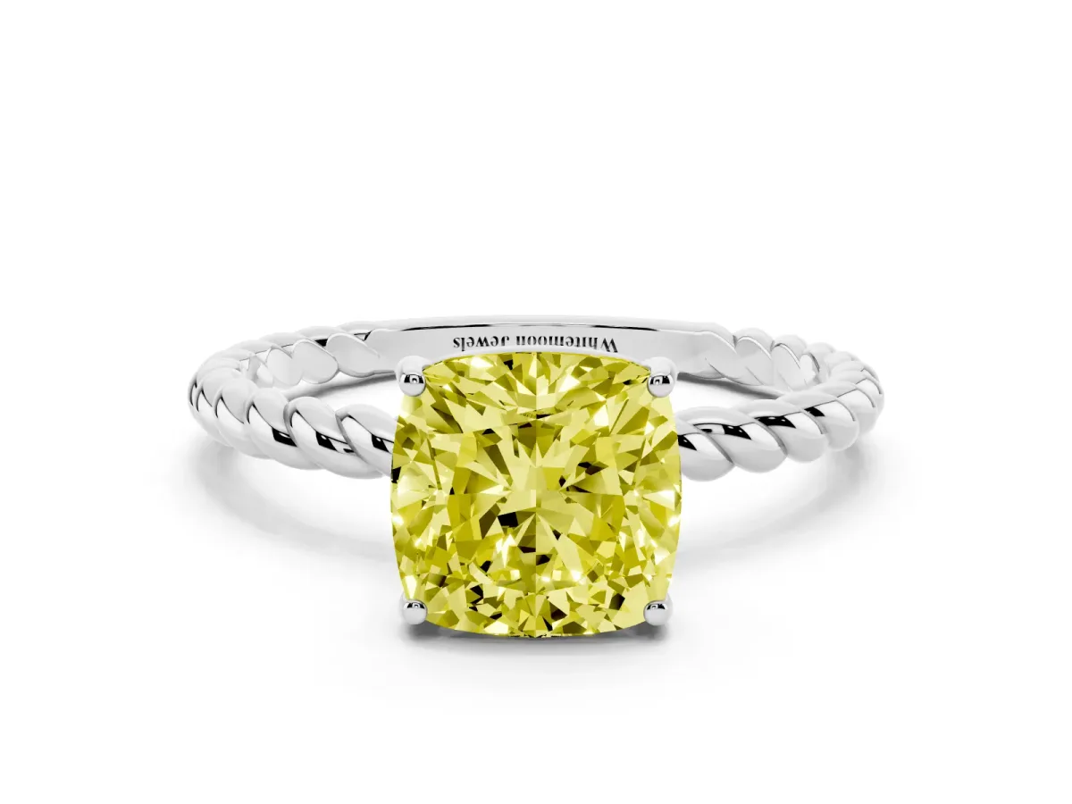 Fancy Yellow Cushion Cut Solitaire Twist Band Ring with Four-Prong Setting Platinum