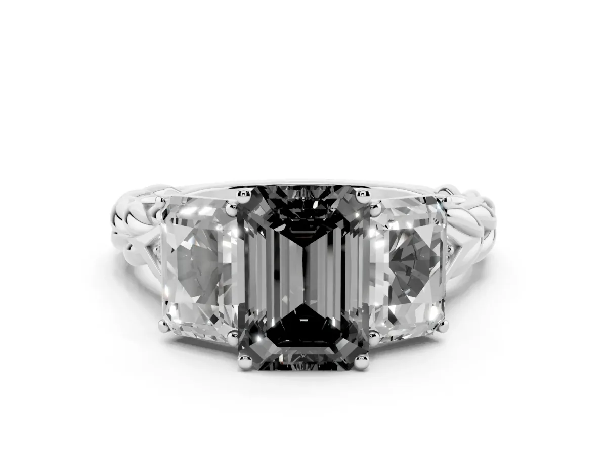 Fancy Black Three-Stone Emerald Cut Diamond Braided Band Ring with Four-Prong Setting Platinum