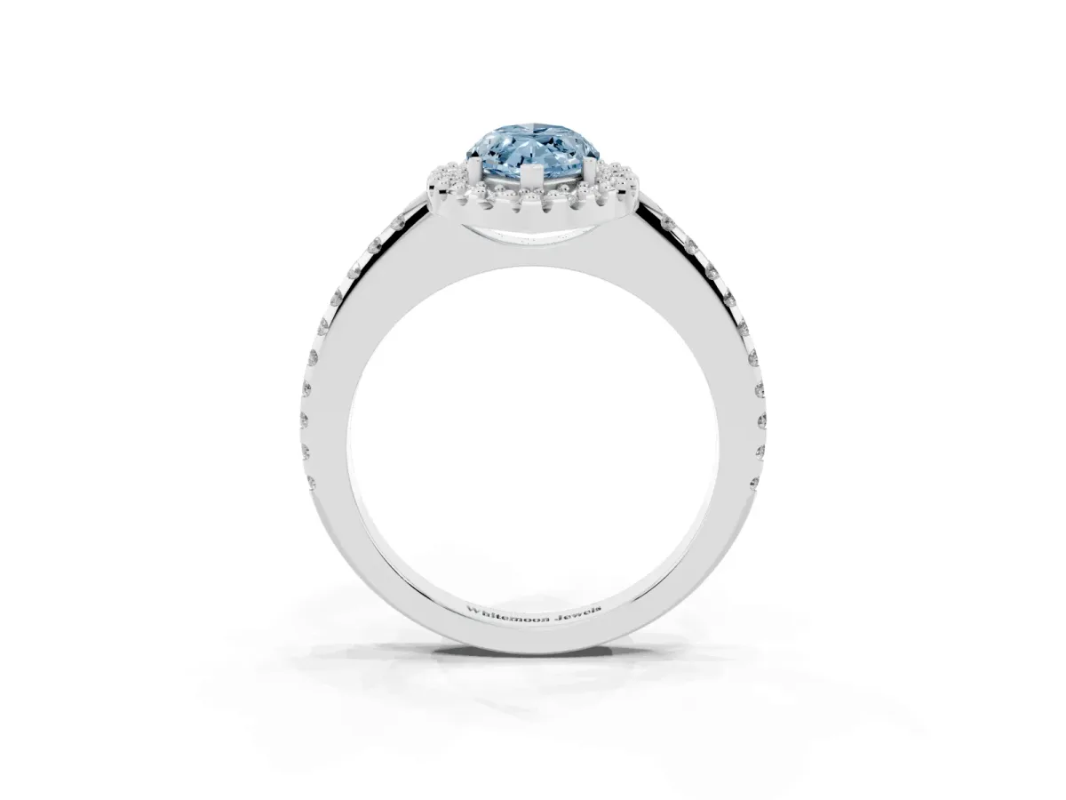 Fancy Blue Marquise Cut Diamond Pavé Halo Ring with Four-Prong Setting Silver