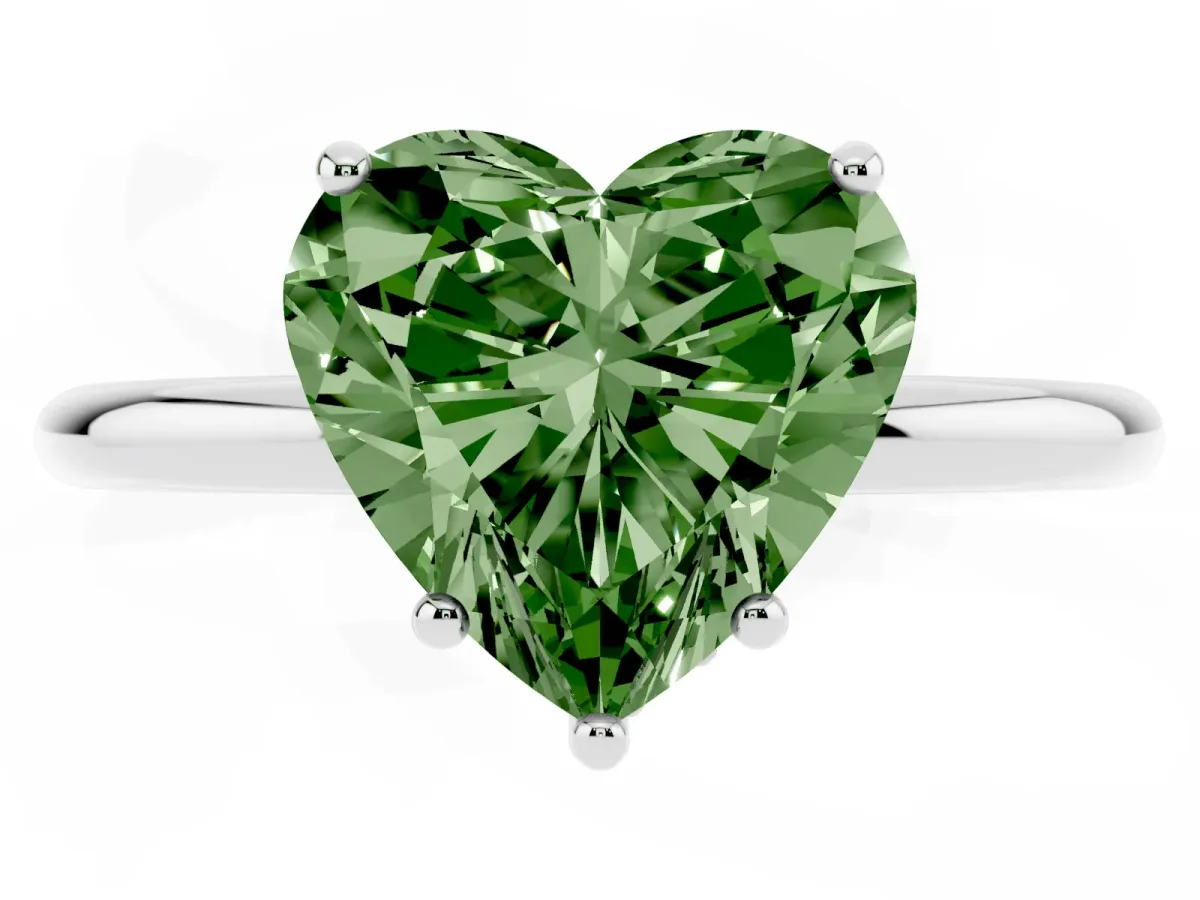 Fancy Green Heart Cut Solitaire Diamond Ring with a Classic Band and Four-Prong Setting Platinum