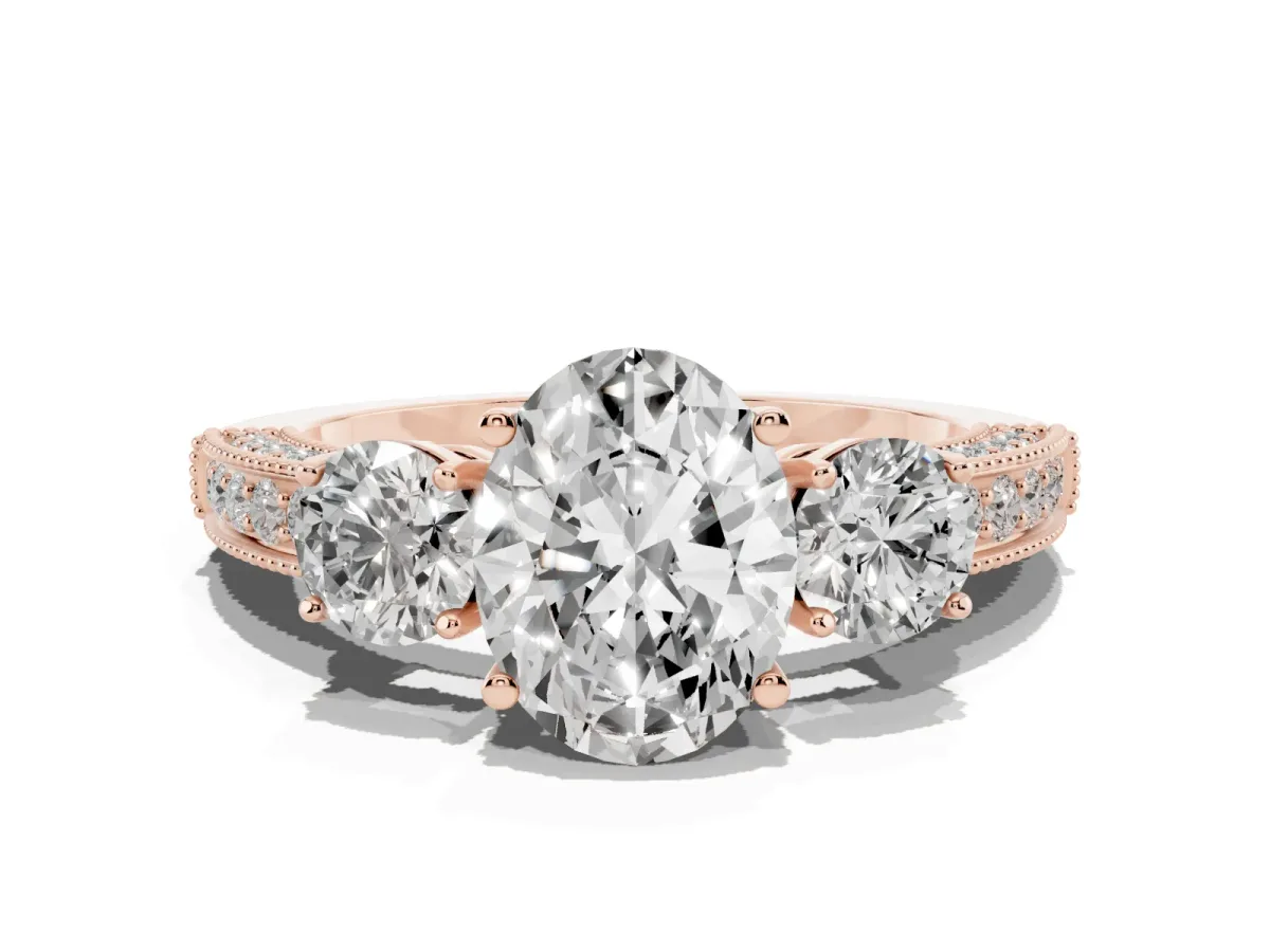 Oval Cut Three-Stone Diamond Ring with Pavé Band and Four-Prong Setting Rose gold