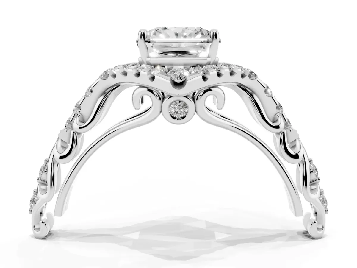 Radiant Cut Diamond Solitaire Ring with Hidden Halo and Pavé Band Silver