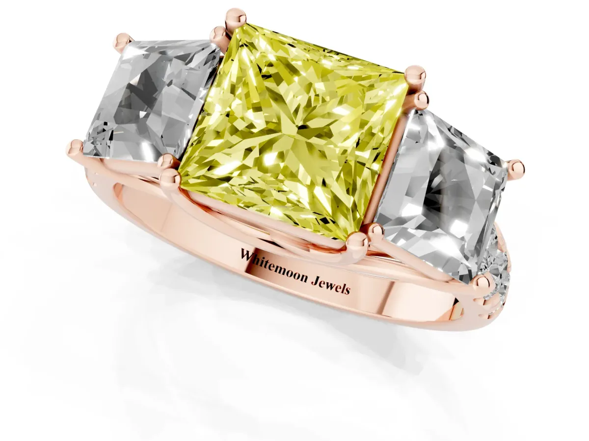 Fancy Yellow Three-Stone Princess Cut Diamond Pavé Band with Prong Setting Rose gold
