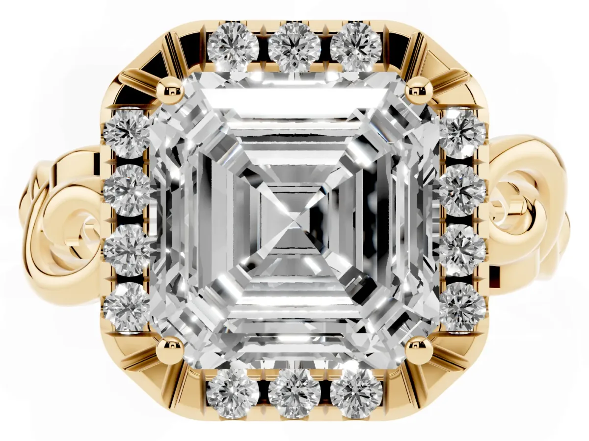 Asscher Cut Cut Halo Diamond Ring with Scrollwork Band and Four-Prong Setting Yellow gold
