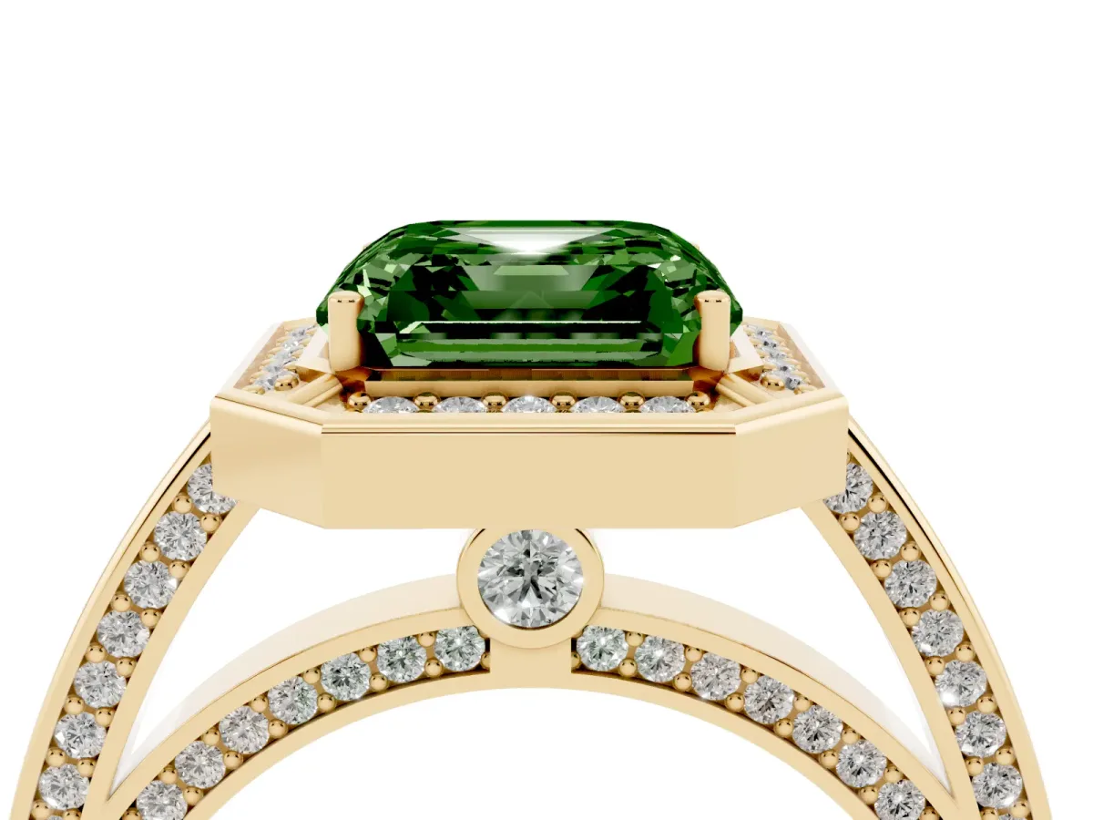 Fancy Green Asscher Cut Cut Halo Pave Split Shank Prong Setting Ring Yellow gold