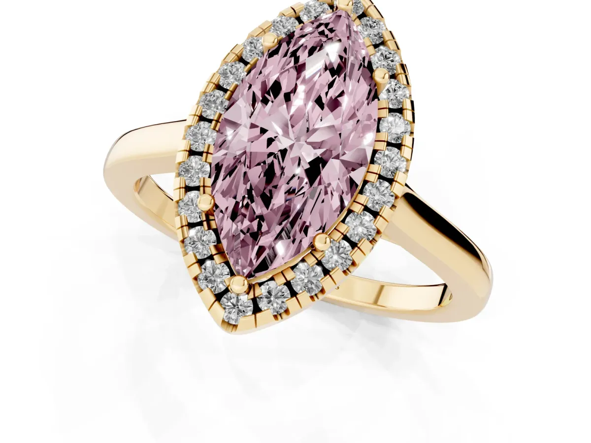Fancy Pink Marquise Cut Halo Round Diamond Solitaire Ring with Pavé Band and Four-Prong Setting Yellow gold
